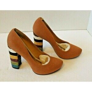Nine West Heels Tan Canvas Pumps Chunky Braided Boho Shoes w/Box Sz 6.5 M